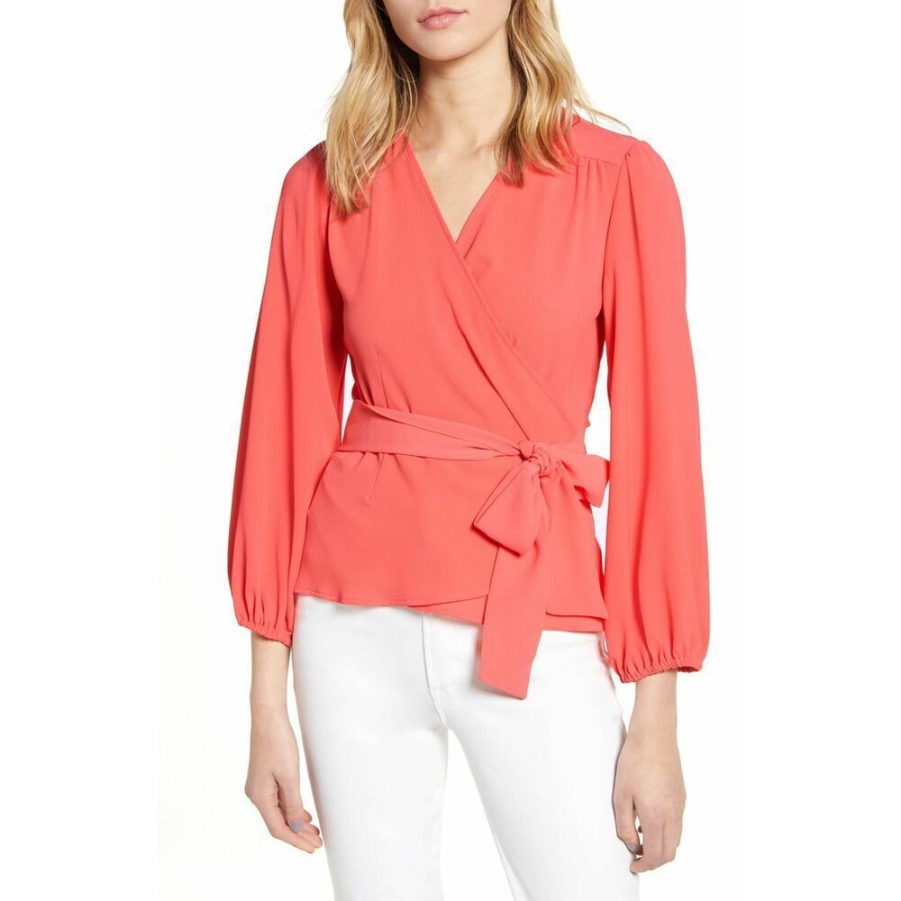 Chelsea28 Women's Long Sleeve Wrap Blouse Top In Coral Size XXS $139
